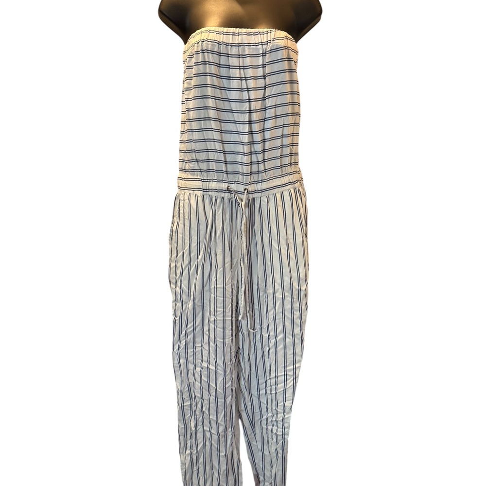 life in progress Striped Strapless Jumpsuit in Blue and White